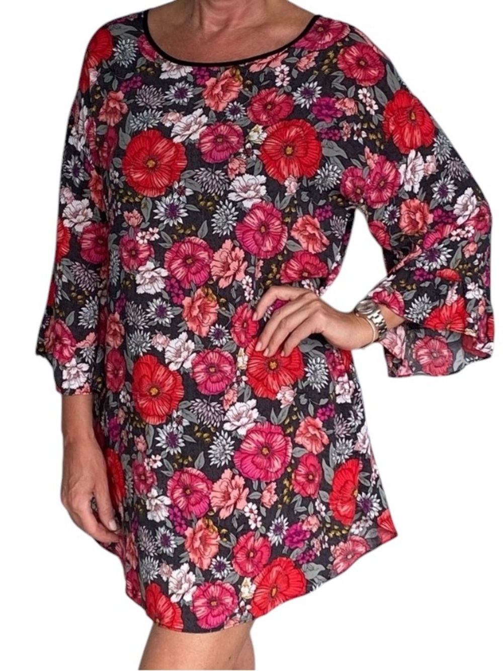 KENZIE floral tunic mini dress relaxed fit side pockets detail on back, size M